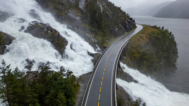 Aerial view of Langfoss waterfall in Vestland, Norway