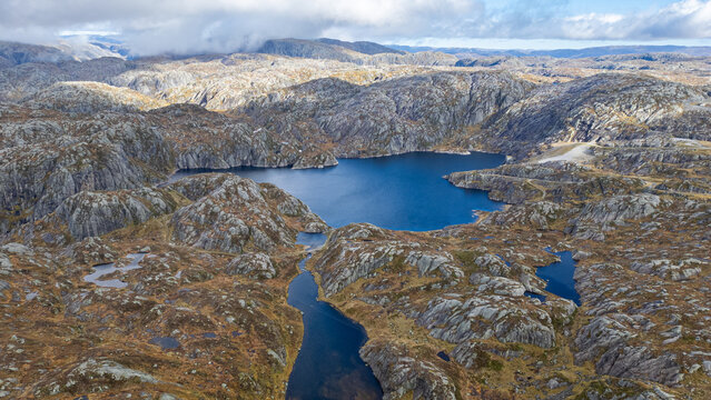 Aerial view of a fjord near Eidfjord in Norway