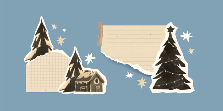 Winter collage with tape strips and vintage paper elements for scrapbook frame design. Retro craft vector poster with checkered festive tree, holiday greeting shapes and cute children stickers.