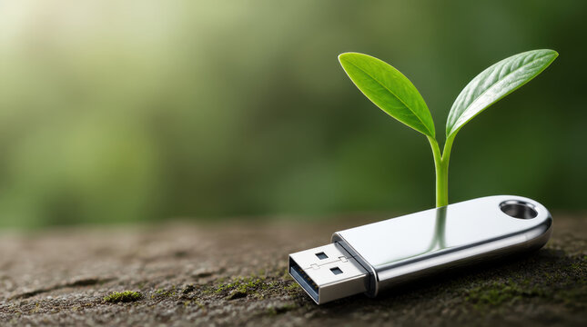 Business growth strategy roadmap with green seedling and portable data storage symbolizing innovation and sustainable progress for future success