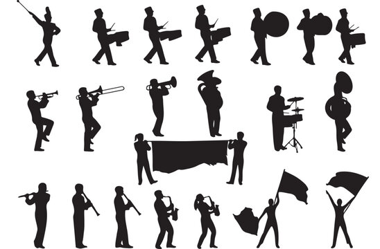 Marching band vector silhouettes collection featuring musicians playing musical instruments and carrying banners during festive parades