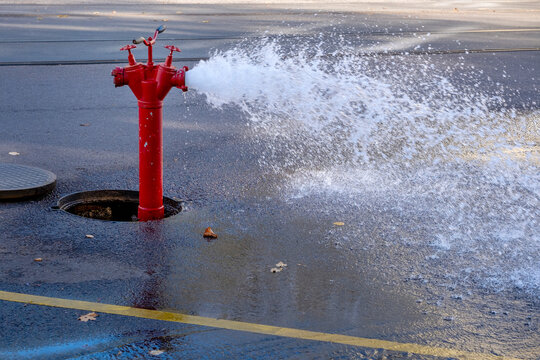 Water spraying from red fire hydrant on wet asphalt street, strong jet of water