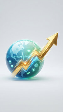 Healthcare innovation spending concept with glowing globe and golden arrow showing growth, blending digital medical symbols with optimism