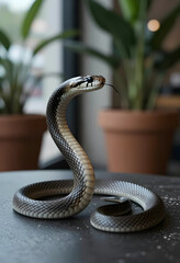 Obraz premium Danger and wildlife conservation, black rat snake with tongue flicking in indoor environment with potted plants and natural light for biology study