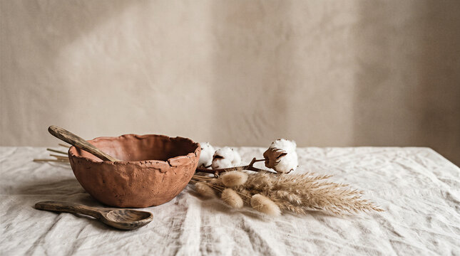 Handmade terracotta bowl with cotton stems on a linen table