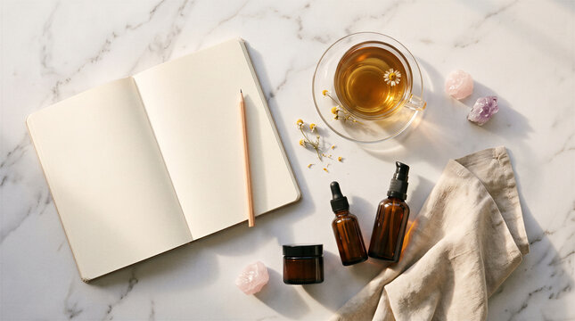 Herbal tea and journal arranged for a mindful morning routine