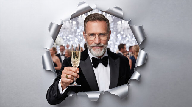 Senior man in tuxedo holding champagne flute through torn paper hole, celebratory party background with guests. Luxury lifestyle, celebration, event planning.