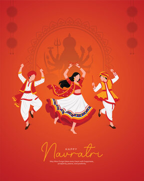 Festive Navratri design featuring three dancers performing Garba with Dandiya sticks, traditional Gujarati attire, Maa Durga silhouette, decorative arch, and vibrant orange background.