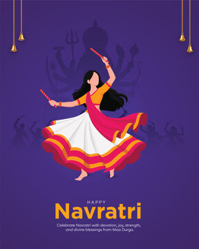 Festive Navratri design featuring a woman performing dandiya dance, Maa Durga silhouette, decorative bells, colorful traditional attire, and a vibrant purple background.