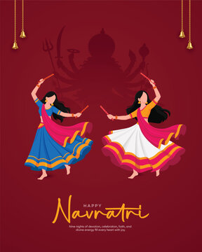 Festive Navratri design featuring two women performing Dandiya dance in traditional attire with a Goddess Durga silhouette, hanging bells, and a rich red background.
