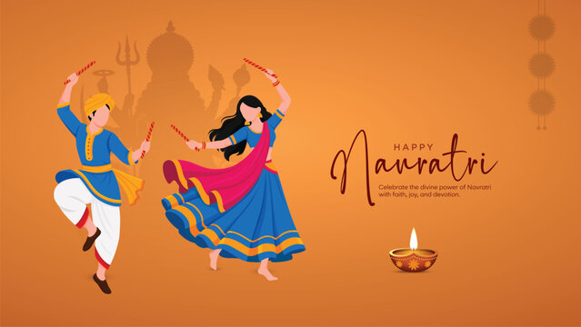Happy Navratri festive design featuring a traditional Indian couple performing Dandiya dance with colorful ethnic attire, a Goddess Durga silhouette, decorative diya, and warm orange background.