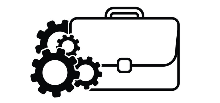 Briefcase with gears and a growing graph, bar chart. Process optimization, and business growth. Symbols are for business management and business development. Cogwheel, gear mechanism.