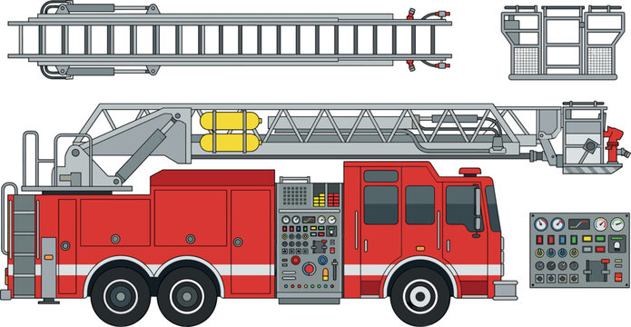 Fire Engine Aerial Ladder Truck Vector Set Featuring Side View Emergency Rescue Vehicle, Extension Ladders, Platform Basket, and Control Panel Gauges