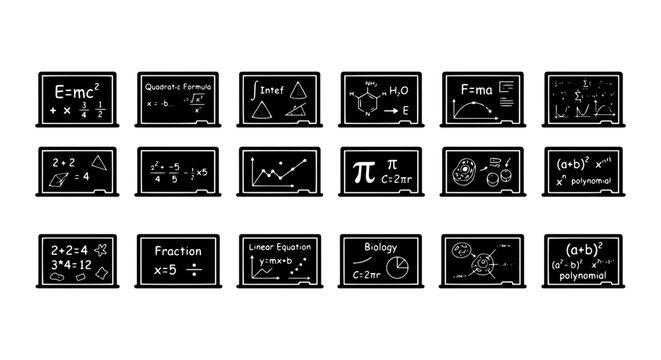 Mathematics Formulas and Equations on Chalkboards, Science Education Vector Icons