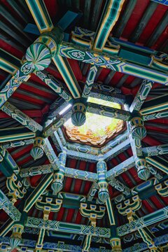 Painted Ceiling Caisson And Wooden Beams Of A Traditional Chinese Building, Nanjing, Jiangsu, China