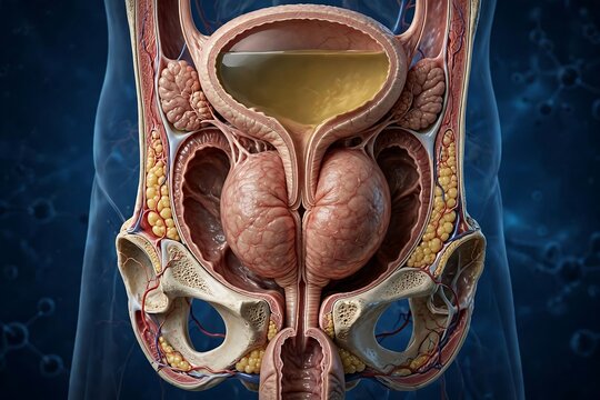 Anatomical crosssection of the male pelvic region showing the bladder and prostate gland