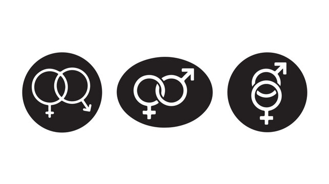 Gender symbols vector graphic illustration featuring interconnected male and female signs inside black circular icons for design