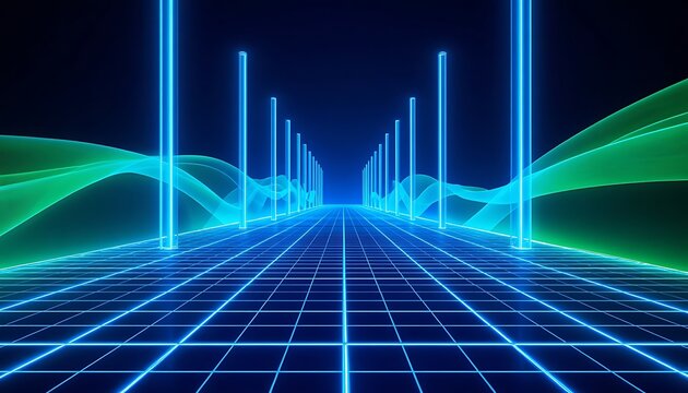 Virtual reality grid tunnel with glowing neon pillars and data streams.