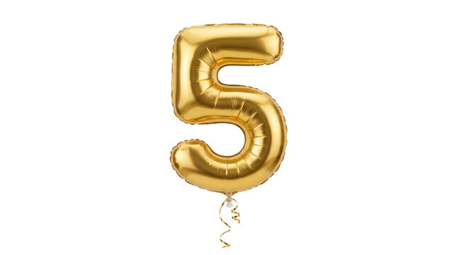 Golden foil balloon number five, inflated metallic digit 5 for birthday party decoration, metallic festive 5th anniversary symbol isolated PNG with Transparent Background