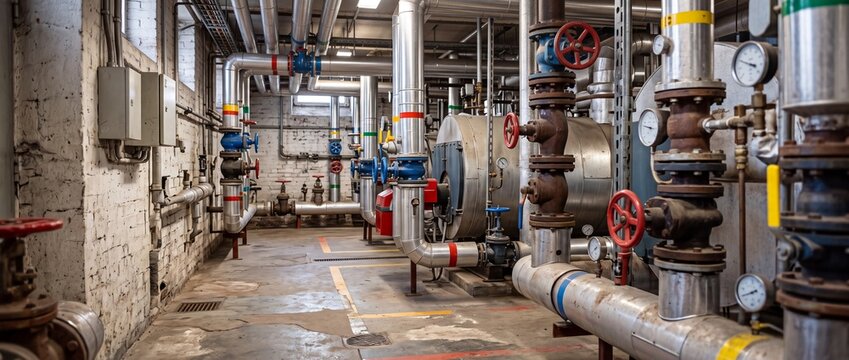 Industrial basement boiler room with heating pipes and pressure valves. Central heating machinery and plumbing system