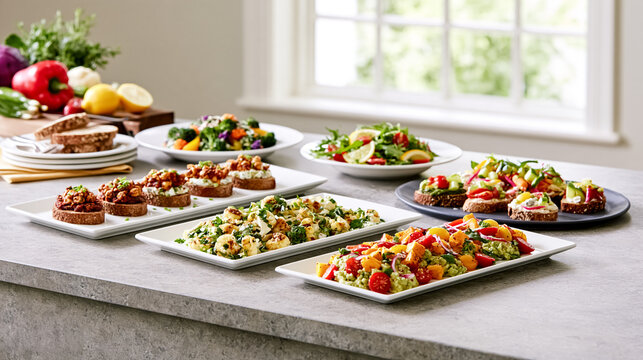 Catering table with platters of fresh salads and toasted bruschetta appetizers near window. Buffet, party food, healthy menu, finger food, event dining, restaurant service and gourmet snacks concept