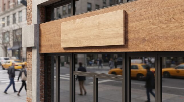 Blank wooden storefront sign mockup on a city street building facade with glass windows and reflections of yellow taxis and pedestrians