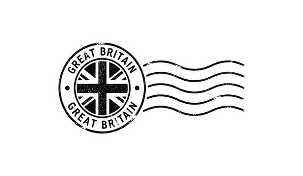 Vintage black and white great britain postmark stamp with union jack flag for travel scrapbooking and british themed design projects.
