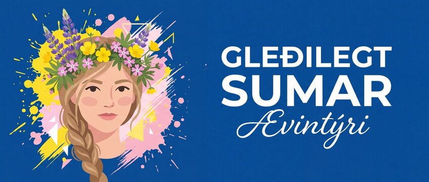 Gledilegt Sumar woman flower crown vector illustration for Icelandic summer greeting banner, featuring blonde girl with floral wreath, lupines and colorful paint splatter design on blue background