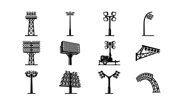 Professional stadium lighting tower black silhouette and outline vector icon set