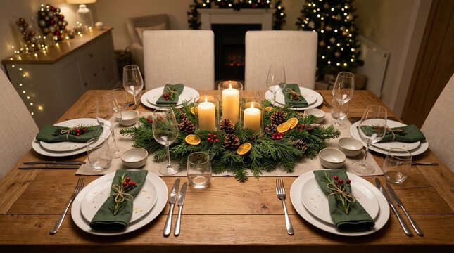 A beautifully set Christmas dinner table with festive evergreen centerpiece, warm candles, and elegant place settings ready for a holiday gathering.