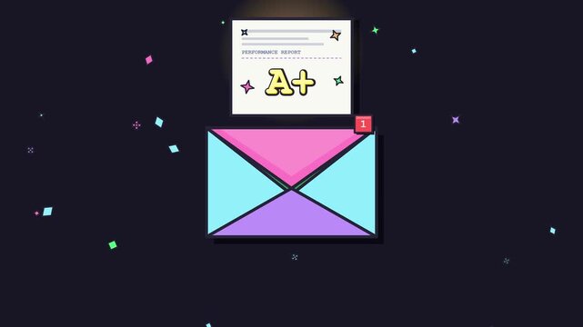 Colorful envelope opening to reveal a top performance report with grade