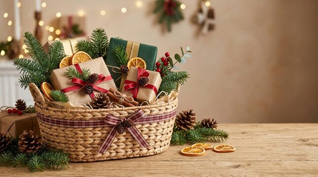 A festive wicker Christmas gift basket brimming with presents and seasonal decorations