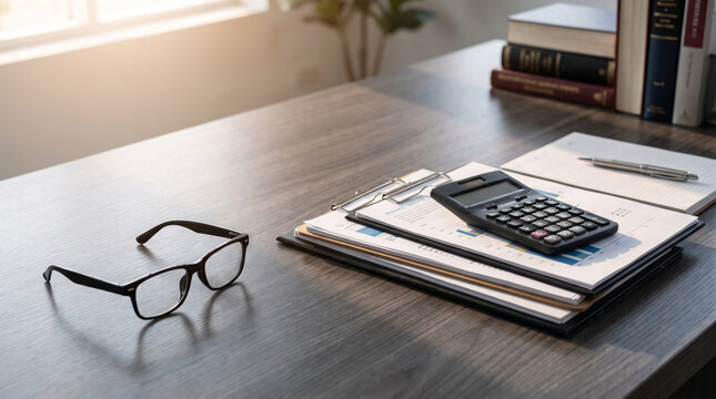 Bills calculator utility stacked beside eyeglasses and paperwork for household budgeting. Finance accounting budget management. expense debt payment planning, invoice report document paperwork
