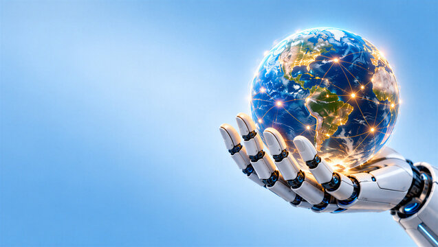 AI Robot Hand Holding Connected Earth Globe With Global Digital Network