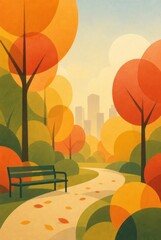 Fototapeta premium Stylized autumn park illustration with winding path, bench, and city skyline