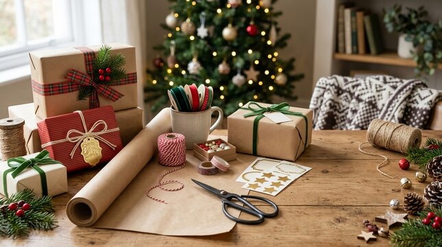 Christmas gift wrapping station with festive tree and supplies on wooden table ready for holiday preparation