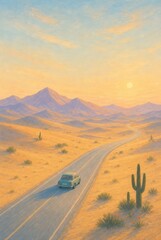 Fototapeta premium A lone vintage car drives through a sunlit desert toward distant mountains.