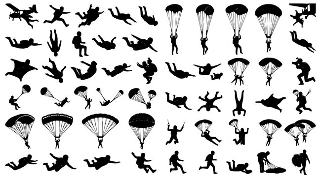 Skydiving Parachute Athlete Freefall Gesture and Extreme Sport Silhouette Vector Collection