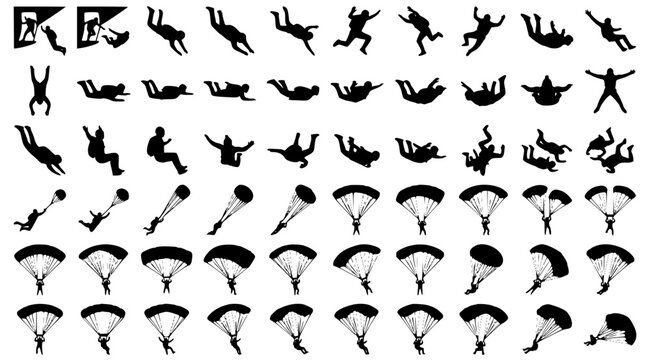 Dynamic Skydiver Freefall Parachute Action Pose Black Vector Silhouette Collection