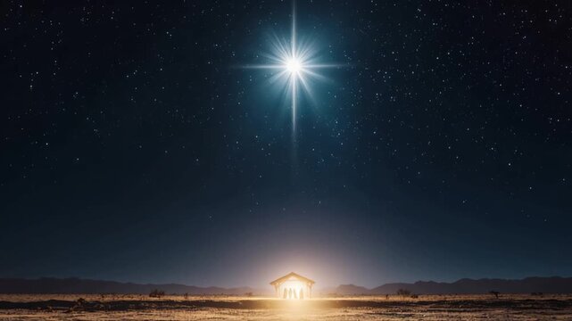 The Star of Bethlehem shines brightly in a clear night sky over a humble stable, casting a warm glow upon the surrounding landscape. ..Created with Generative AI, not depicting real subjects.