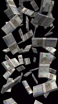 Vertical Poland Money, Falling Polish Zloty Bills Black Background, Warsaw Finance Cash Stacks, 4K