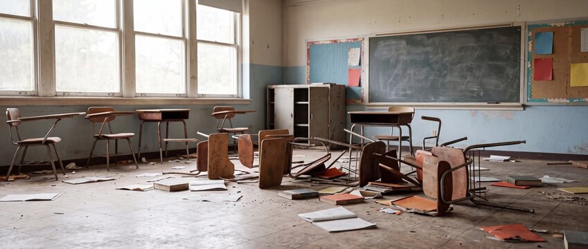 Abandoned empty school classroom with overturned desks and scattered papers. Derelict educational interior with broken wooden chairs and chalkboard