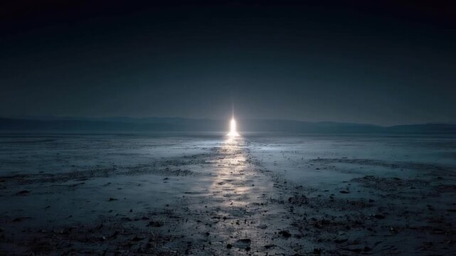 A solitary light beam pierces through the deep, dark night, illuminating a desolate path across a seemingly endless. ..Created with Generative AI, not depicting real subjects.