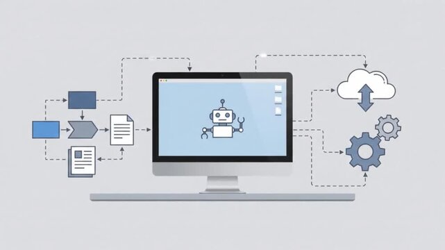 Animated desktop computer with automated workflow icons and cloud data processing on light grey background