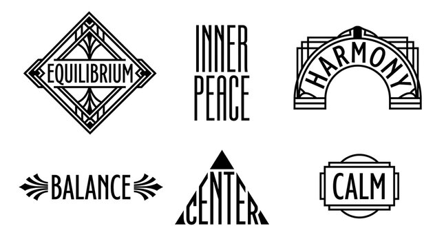 Set of six vintage art deco style geometric logos with wellness words