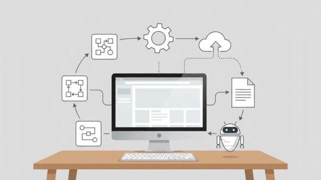 Business workflow automation animation with computer on desk, gears, cloud storage, and robotic process integration