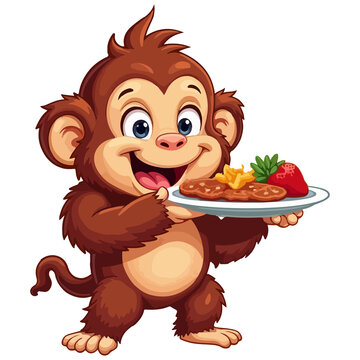 Cute cartoon monkey holding a plate of delicious sweet cookies with fresh strawberry vector illustration, funny ape animal mascot character isolated on white background