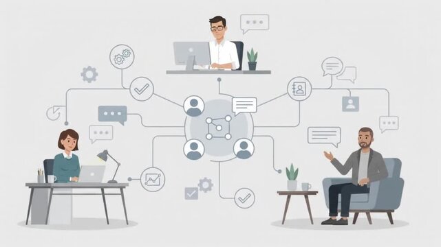Remote team communication and global business network connection animation with remote workers
