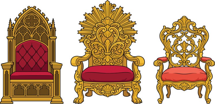 Golden Royal Throne Chair Icon Set with Luxury Antique Gothic Baroque and Ornate Elements for Fantasy Games Kingdom Labels and Digital Assets Designs
