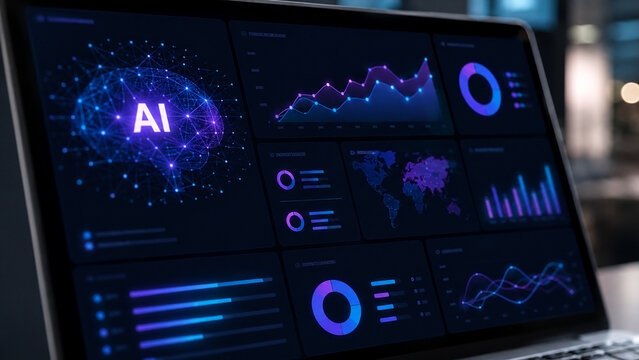 AI analytics dashboard with futuristic charts, network visualization, and business intelligence data on laptop screen